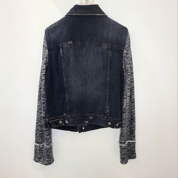 Free People Black Mixed Media Space Dye Knit Denim Jean Jacket Sz M - Picture 5 of 16